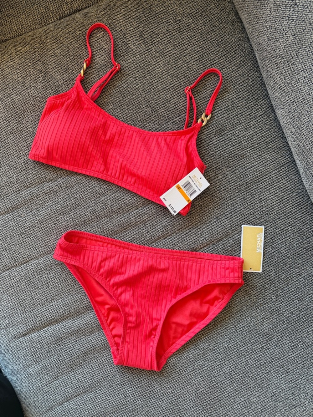 NWT Michael Kors Hot Coral Ribbed Two-Piece Bikini with Gold Accents sz S